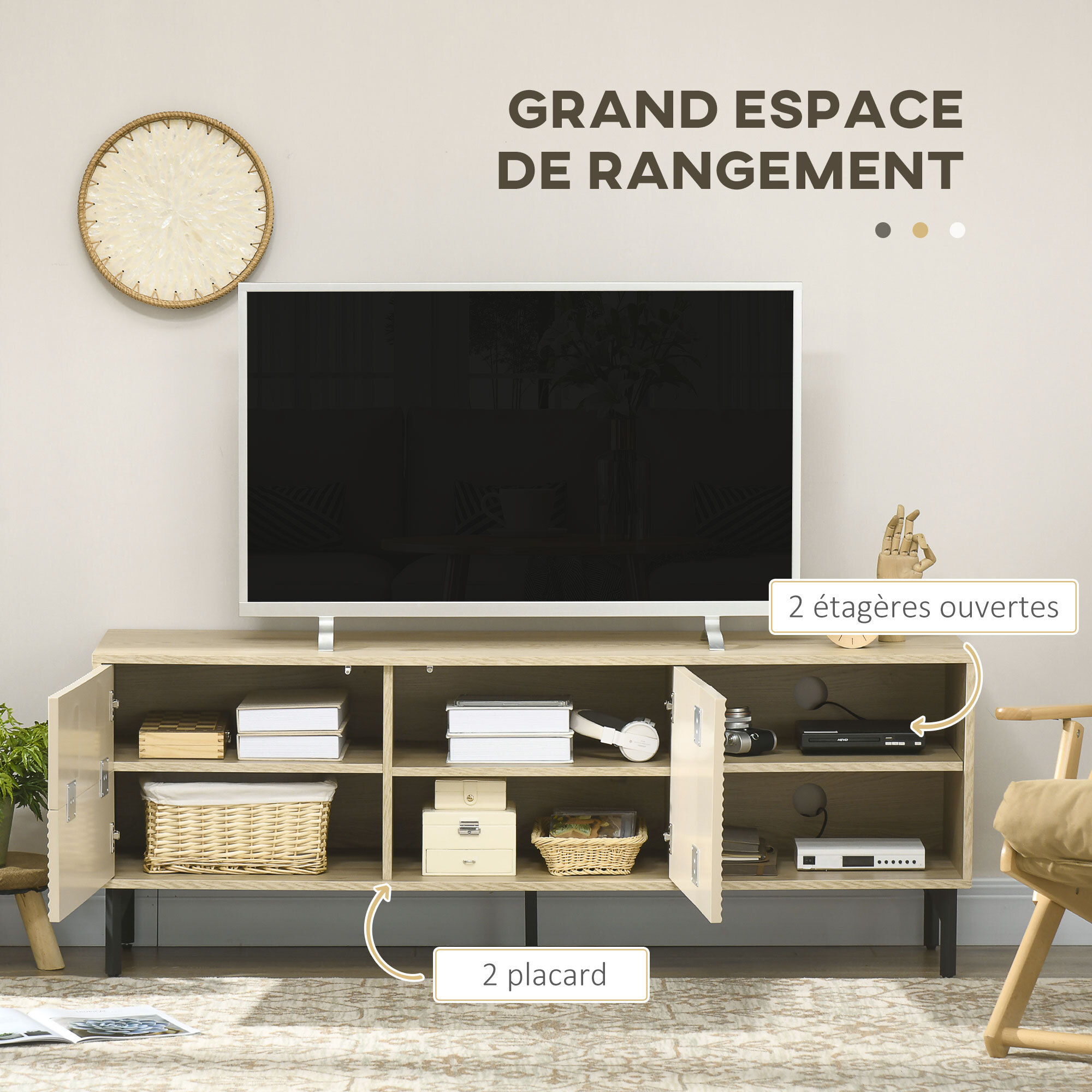 Meuble TV banc TV design Urban Craft - 2 portes, 2 étagères, 2 niches - piètement acier noir - aspect chêne clair