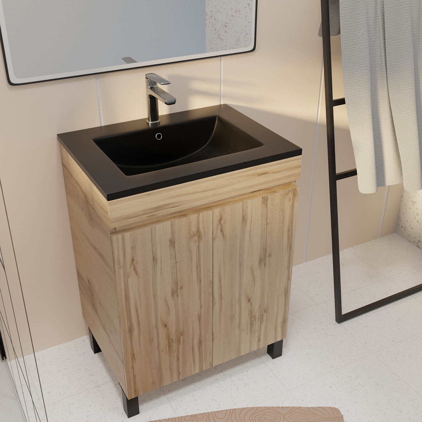 Pack Meuble Salle de Bains 60cm Chêne Naturel 2 Portes avec Vasque Céramique Noire - TIMBER