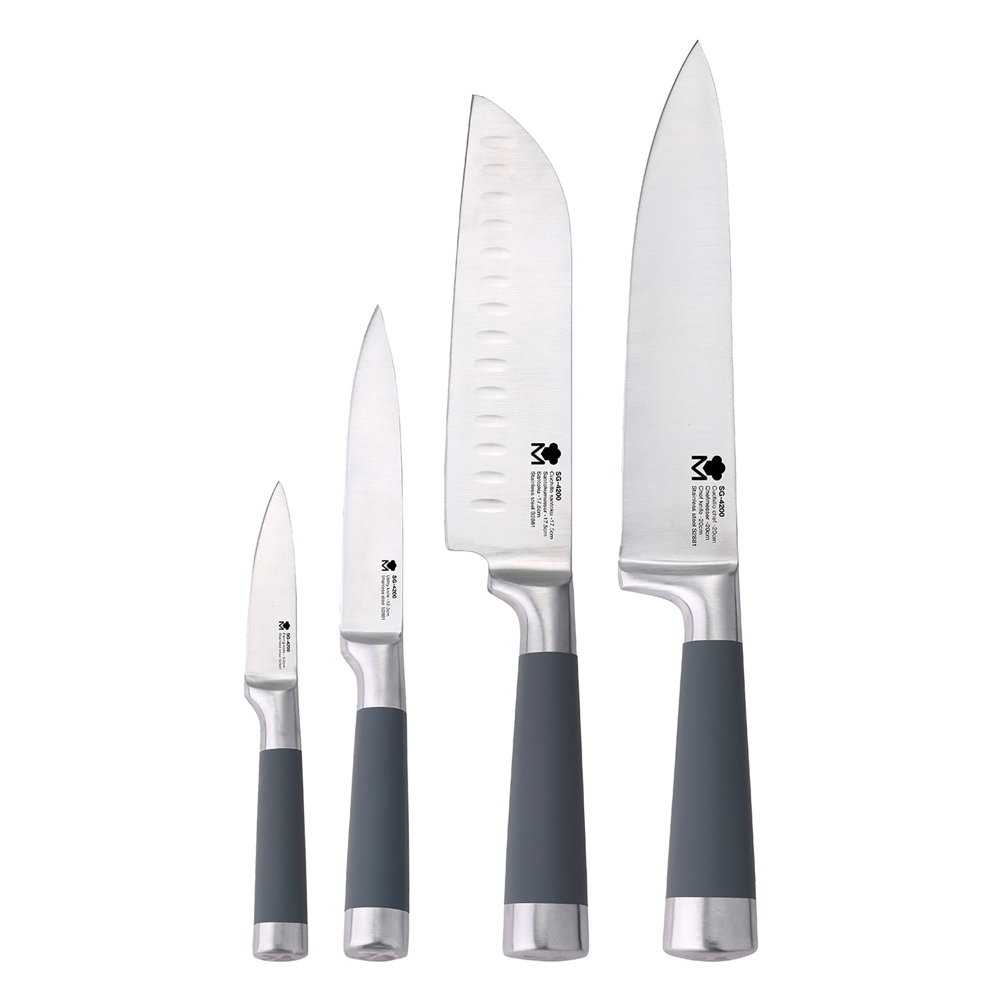 Set 3 sartenes ø16/20/24 cm, aluminio prensado, aptas para inducción + set 4 cuchillos de cocina: chef, santoku, pelador y muliusos, mango con silicon