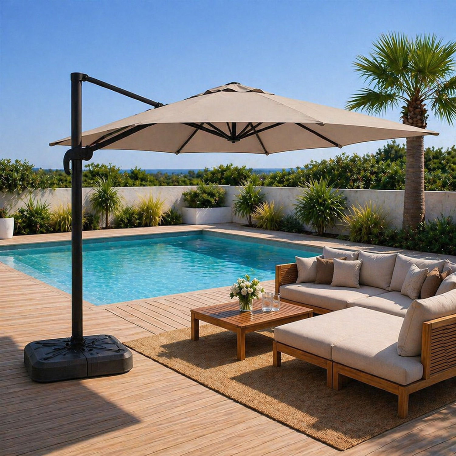 Parasol carré 3x3 déporté rotatif taupe en aluminium RAFAELA