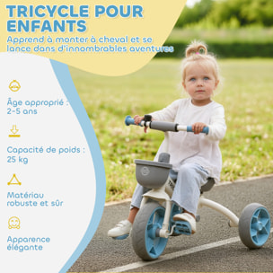 Tricycle enfant multi-équipé garde-boue avant sonnette pédales antidérapantes selle avec dossier bleu blanc gris