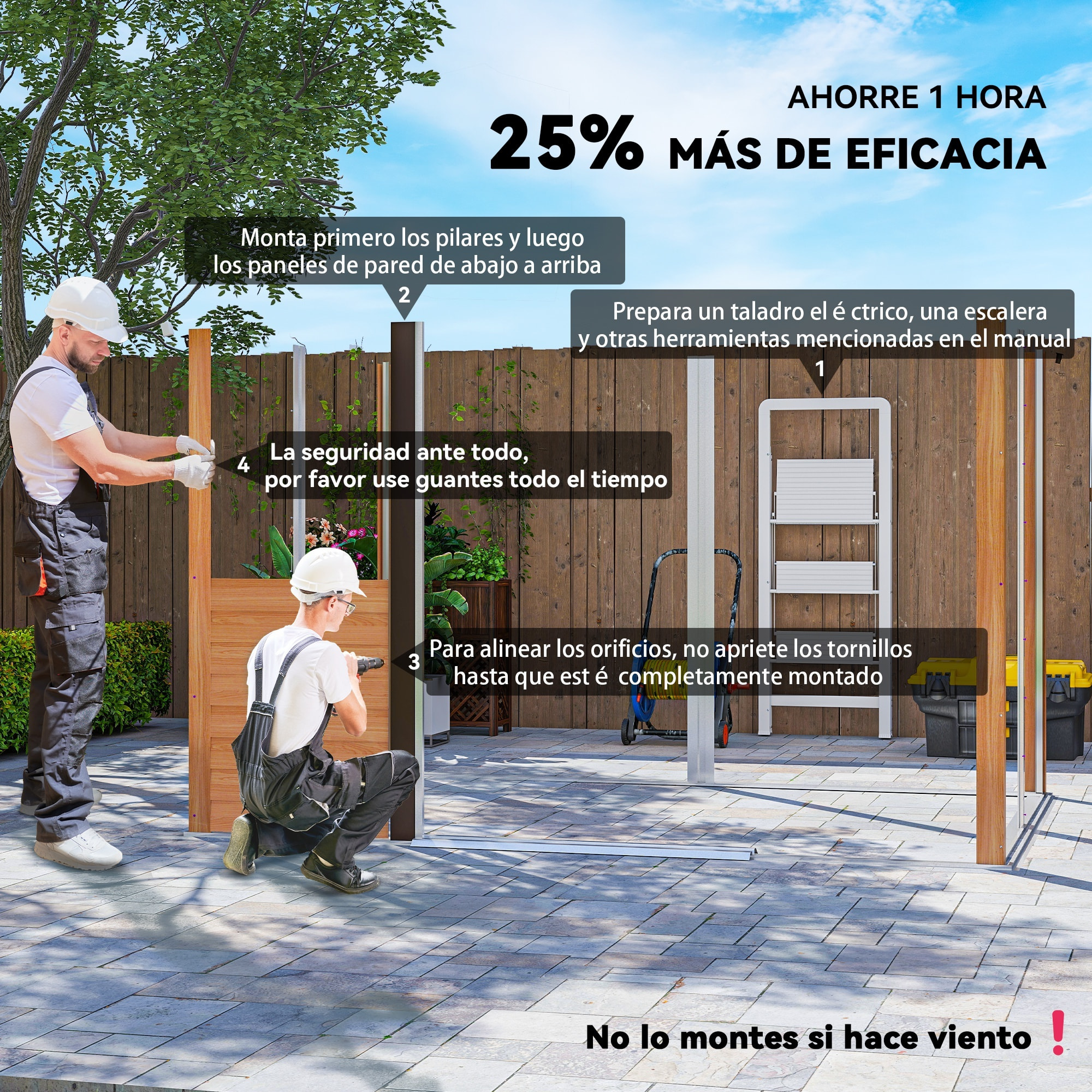 Caseta de Jardín Exterior 4,84 m² 278x195x215 cm Cobertizo de Jardín Exterior Metálica con 2 Puertas Corredizas y 4 Ventanas para Almacenamiento de Herramientas Efecto Madera Natural y Café