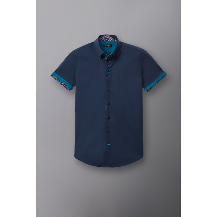 Camicia Uomo Manica Corta 2 Bottoni Button Down 7 Botto Popeline Stretch Unito Blu