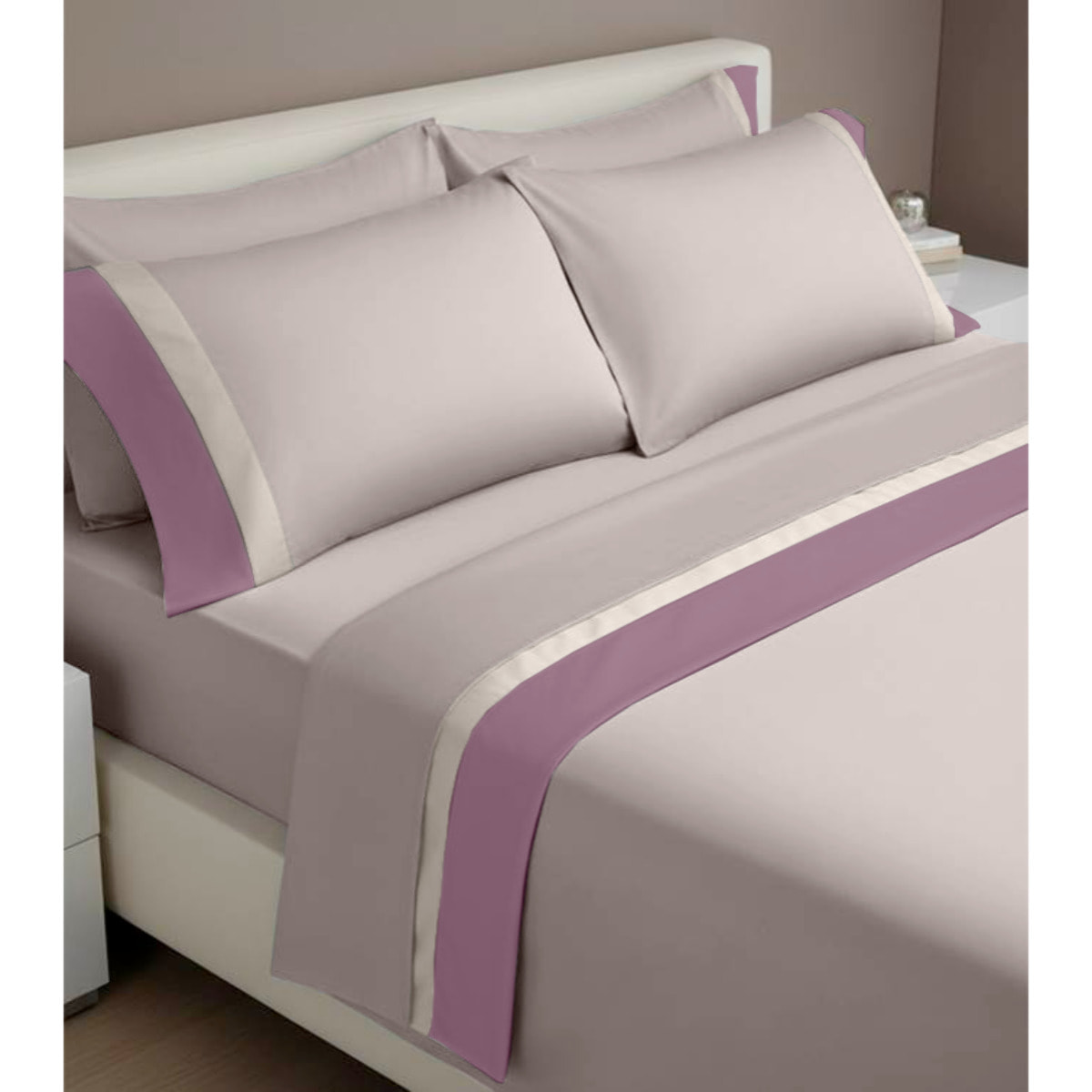 Completo letto doppia balza RASO IPERSAN Puro Cotone Malva/Panna fondo Tortora