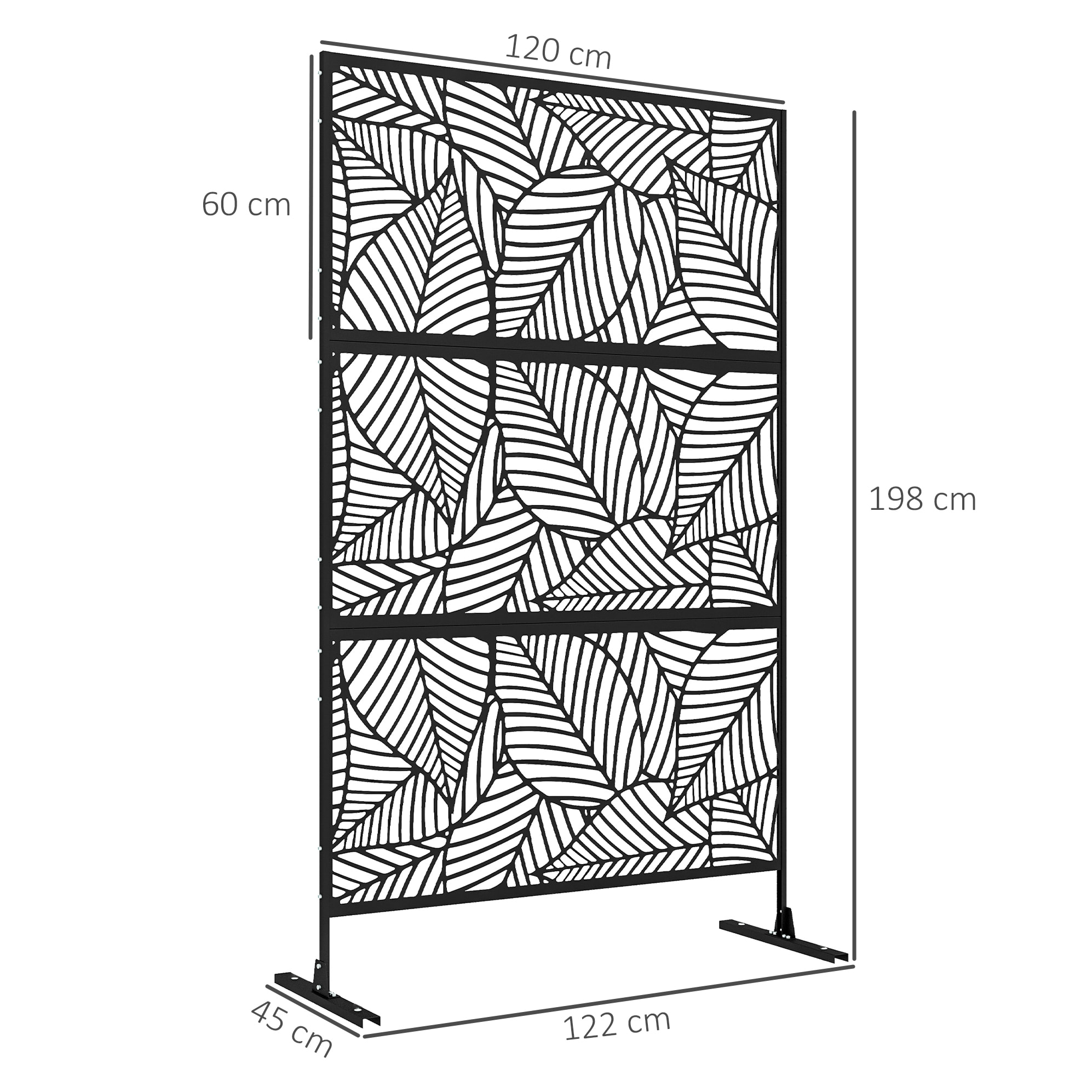 Biombo de 3 Paneles, 122x198 cm, Biombo Separador de Ambientes con Soporte y Tornillos de Expansión, Diseño de Hojas Grandes, para Exterior, Jardín, Patio, Terraza, Negro