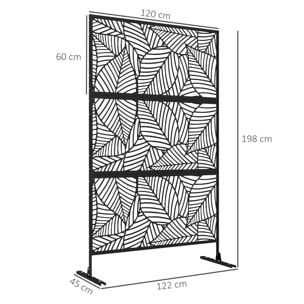 Biombo de 3 Paneles, 122x198 cm, Biombo Separador de Ambientes con Soporte y Tornillos de Expansión, Diseño de Hojas Grandes, para Exterior, Jardín, Patio, Terraza, Negro