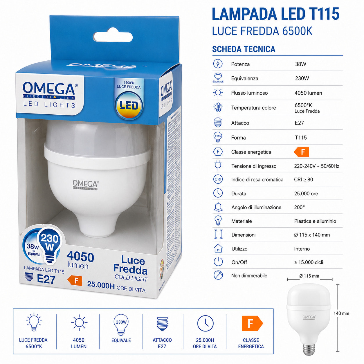 OMEGA Lampada Led Alta Potenza 38W 4050 Lumen E27 3000K