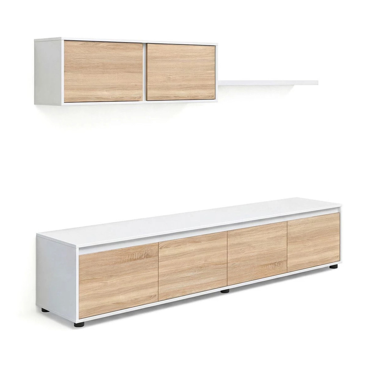 Salón con mueble de TV y estantería en blanco artik y roble canadian 200 cm Arlet Blanco Artik (Blanco Mate) - Roble Canadian