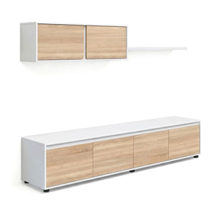 Salón con mueble de TV y estantería en blanco artik y roble canadian 200 cm Arlet Blanco Artik (Blanco Mate) - Roble Canadian