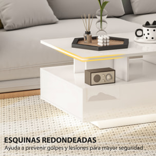 Mesa de Centro LED Moderna Mesa de Café Brillante con 4 Cajones Estante Abierto y Luces LED de 16 Colores para Salón 90x55x41 cm Blanco Brillo