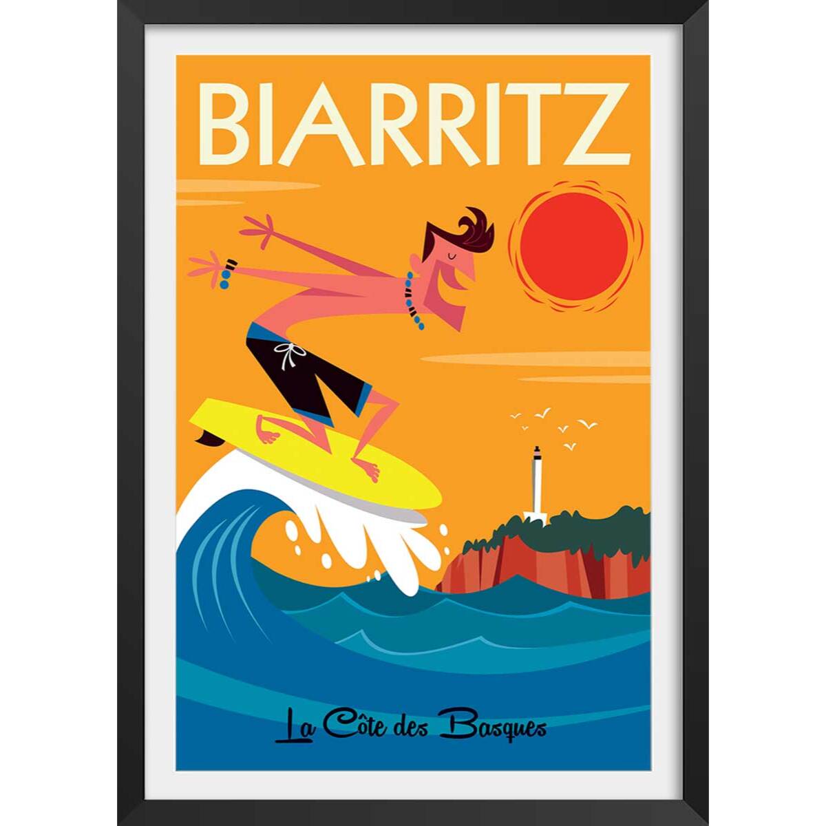 Affiche Surf à Biarritz Affiche + cadre en bois - Noir