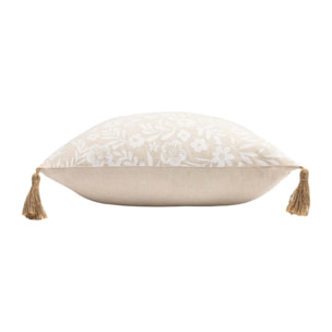 Coussin polycoton imprimé floral à pompons - Naturel