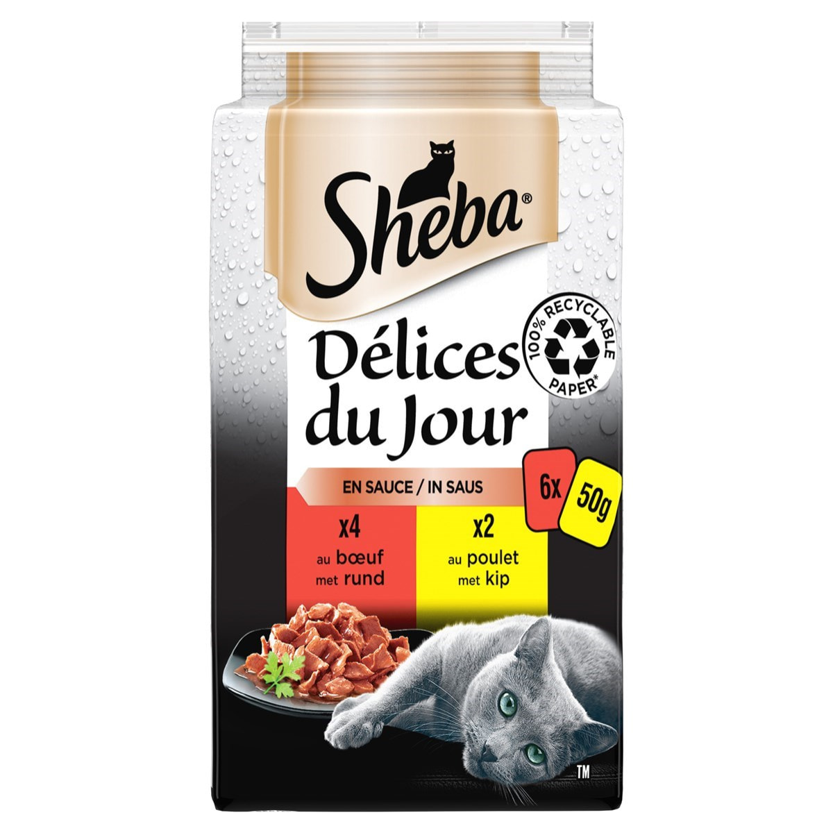 SHEBA Délices du Jour 90 Sachets bœuf poulet en sauce pour chat 50g (6x15)