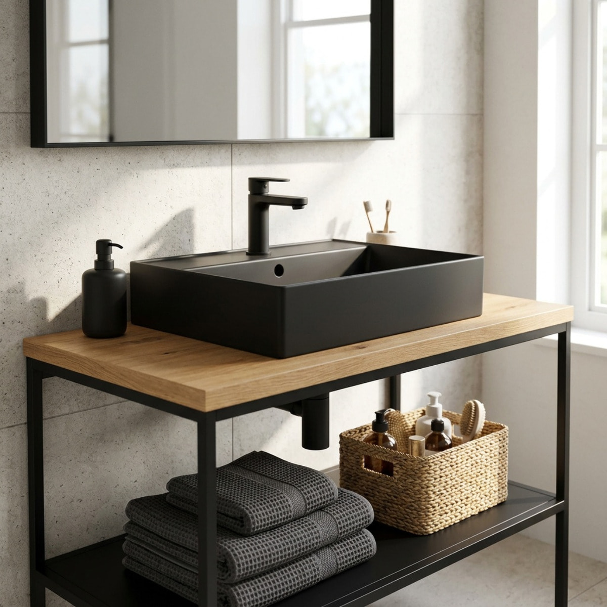 Lavabo 60,5 x 46,5 cm - noir mat - avec trop-plein - 1 trou de robinetterie - SAT Infinitio