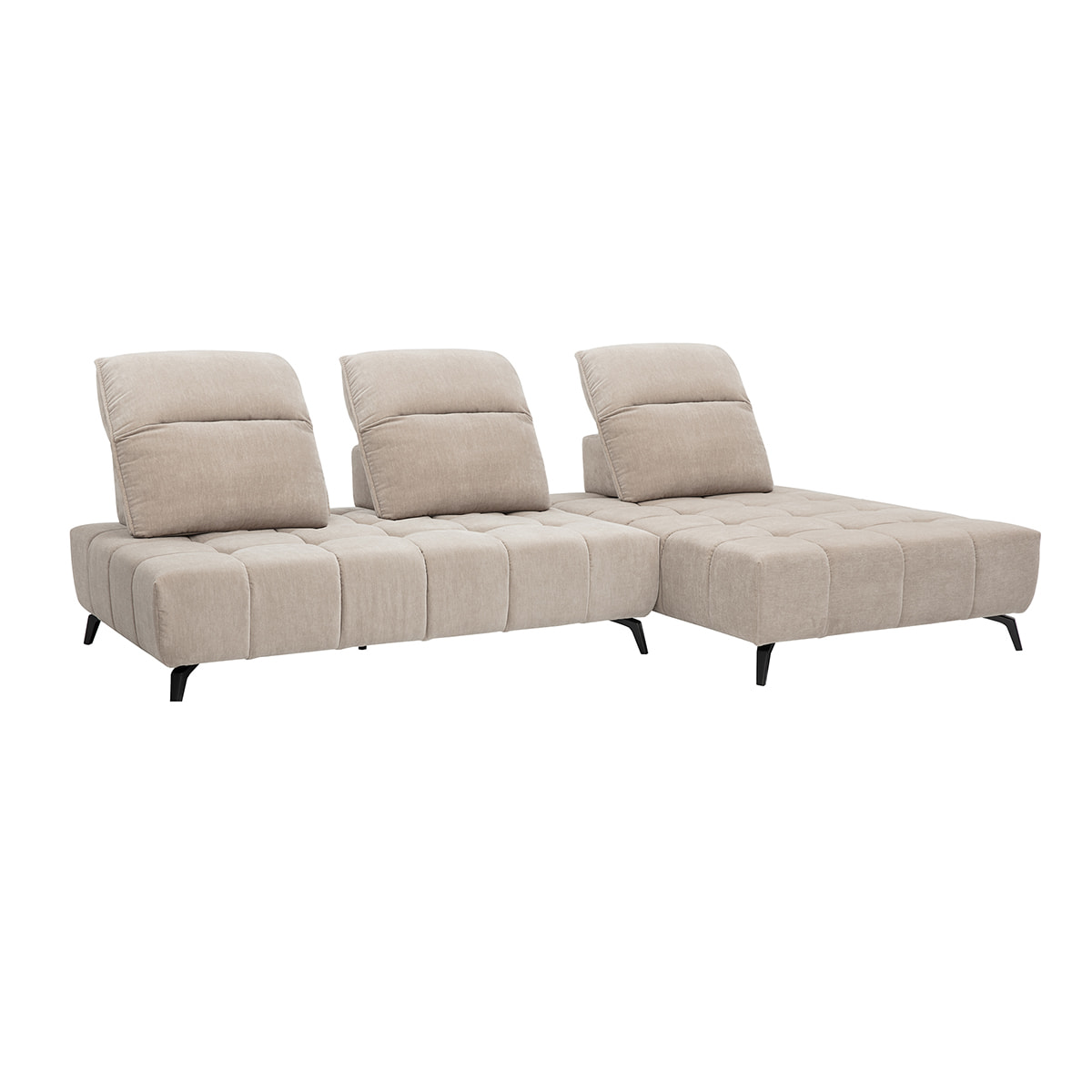 Canapé modulable 4 places avec têtières ajustables en tissu effet velours taupe et métal noir OLMO