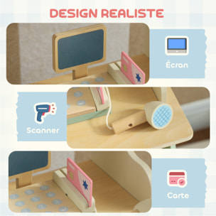 Jeu de la marchande en bois - jeu imitation supermarché enfant - nombreux accessoires - bois clair vert d'eau