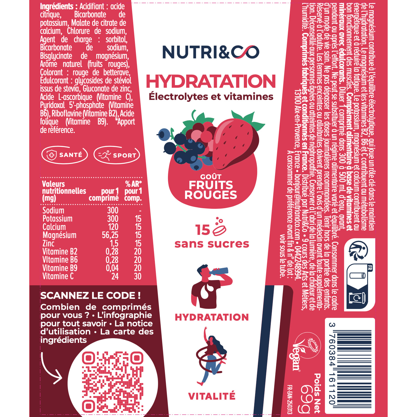 Nutri&Co Électrolytes Hydratation - 5 Minéraux 4 Vitamines - Goût Fruits Rouges - Lot de 3 tubes - 45 comprimés