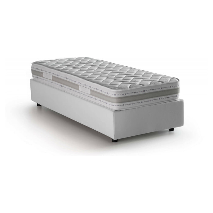 Letto singolo Abbi, Letto contenitore con rivestimento in tessuto, 100% Made in Italy, Apertura laterale, con materasso Cm 80x190 incluso, Bianco