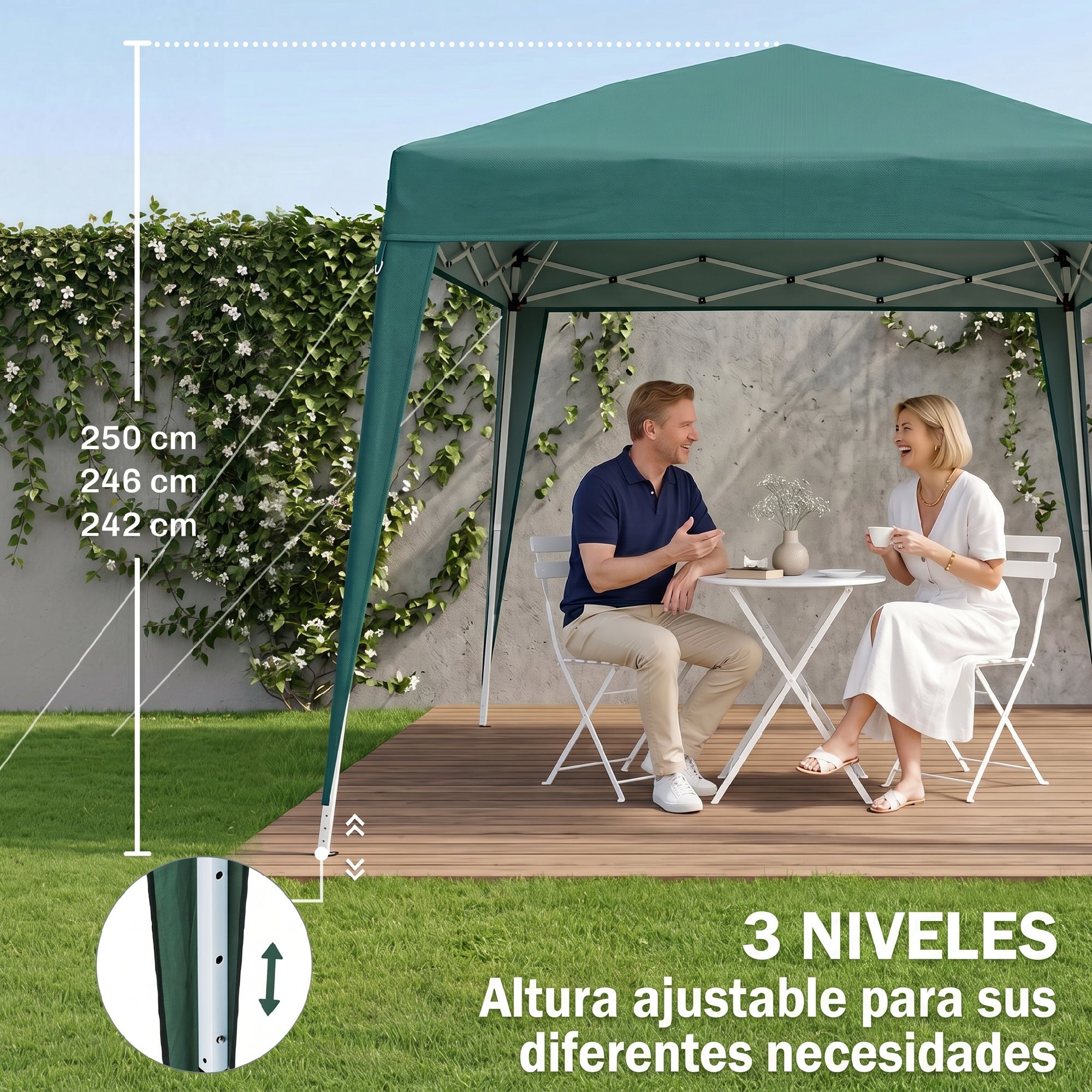 Outsunny Carpa Plegable 2,4x2,4 m, Pop-up, Cenador Pabellón de Jardín, Altura Ajustable con Bolsa de Transporte, Anti-UV, Impermeable, Gazebo para Camping, Fiestas, Exterior, Verde