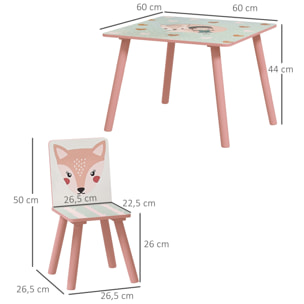 Ensemble table et chaises enfant motif renards lapin - table carrée + 2 chaises - bois pin MDF rose