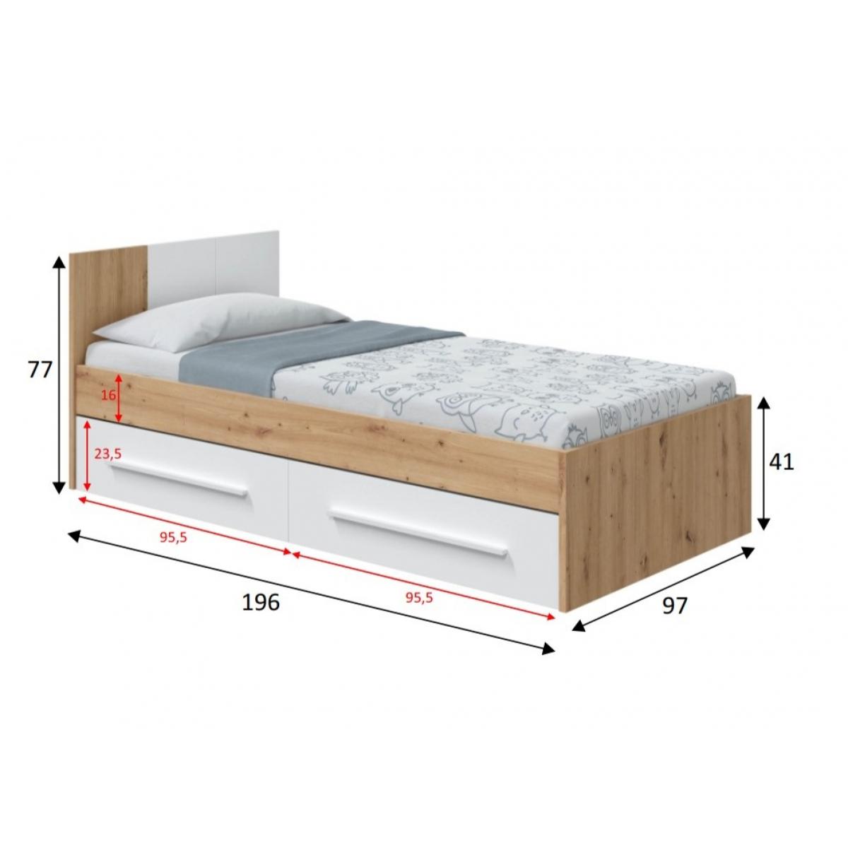 Letto singolo Anaheim, Letto singolo contenitore con testiera, Struttura letto a 2 cassetti per camera da letto, cm 196x97h77, Rovere nodi e Bianco