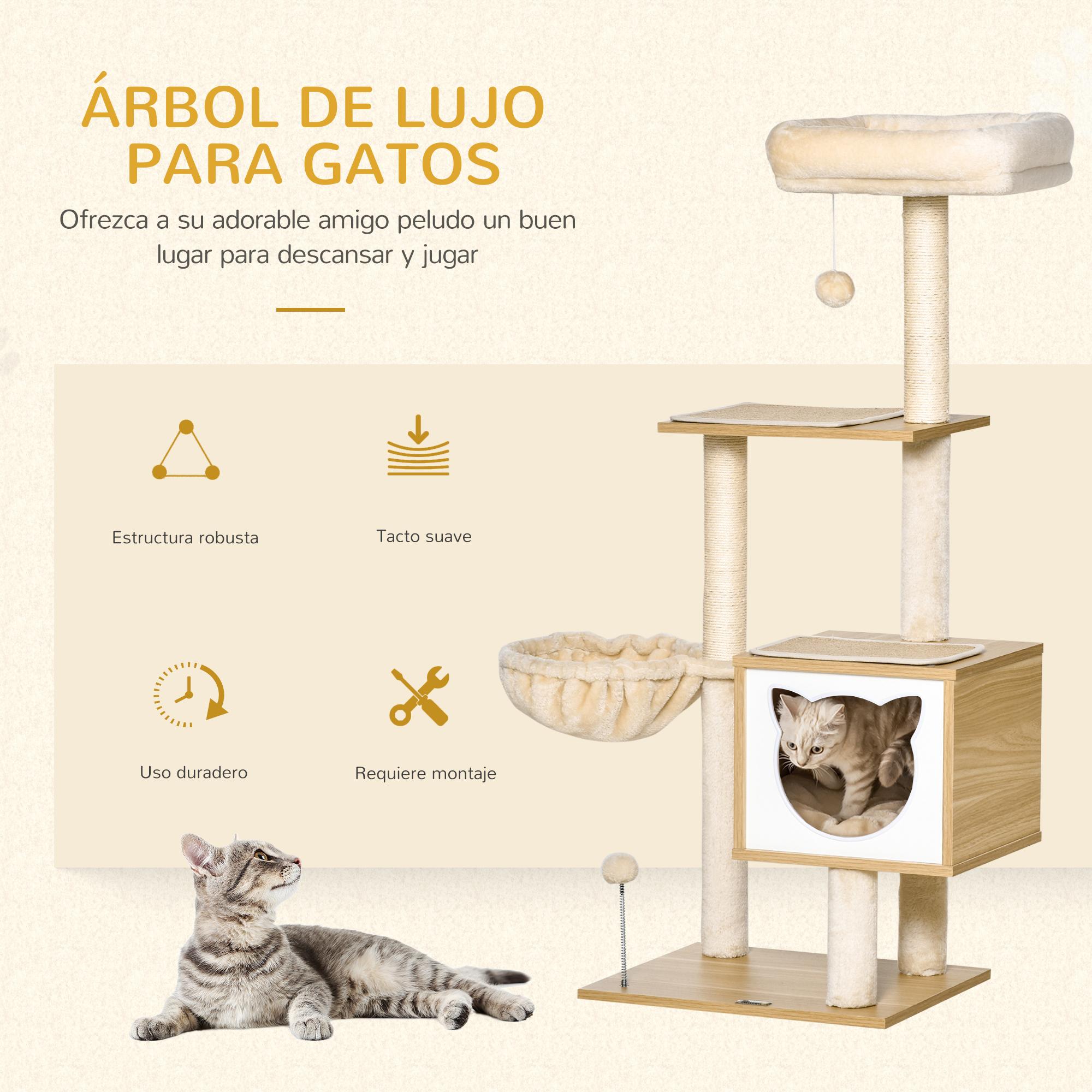 Árbol Rascador para Gatos con Plataforma Altura 126 cm Torre Escalador para Gatos con Hamaca Caseta Cama Postes de Sisal y Bolas para Jugar 48x40x126 cm Beige