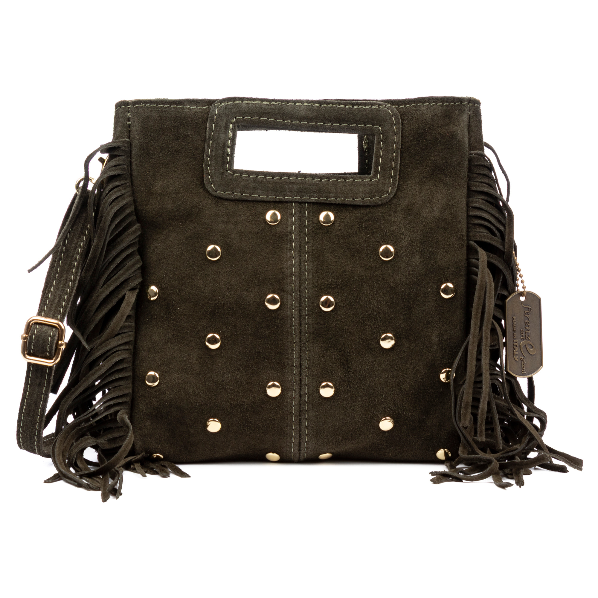 Barbata borsa a tracolla donna. Vera pelle Scamosciata con borchie decorative.