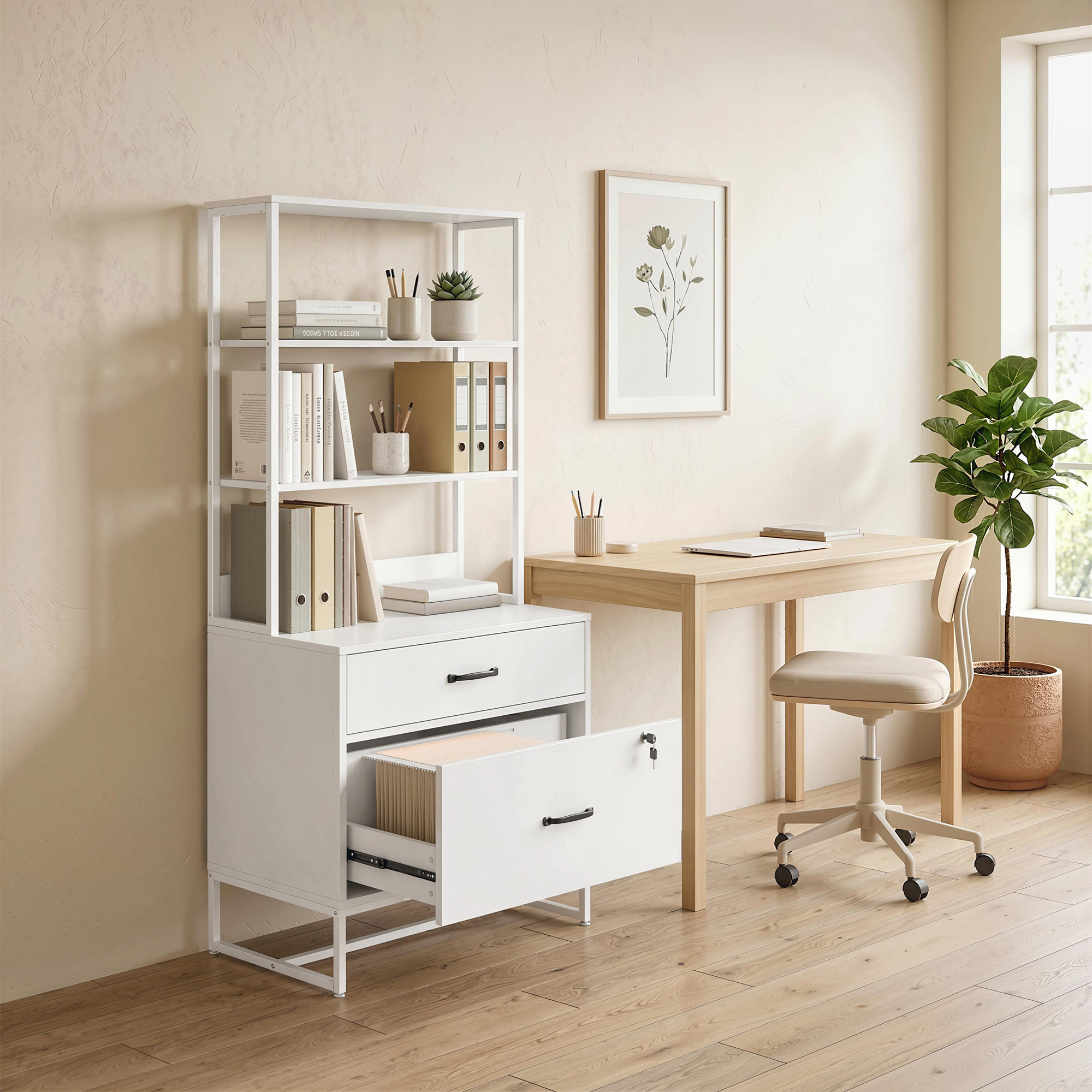 Cajonera Escritorio con Estantería, Mueble Archivador con 2 Cajones, Encimera para Impresora, Cerradura, para A4 Letter Legal, para Oficina, Estudio, Blanco