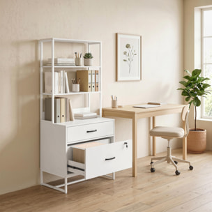 Cajonera Escritorio con Estantería, Mueble Archivador con 2 Cajones, Encimera para Impresora, Cerradura, para A4 Letter Legal, para Oficina, Estudio, Blanco