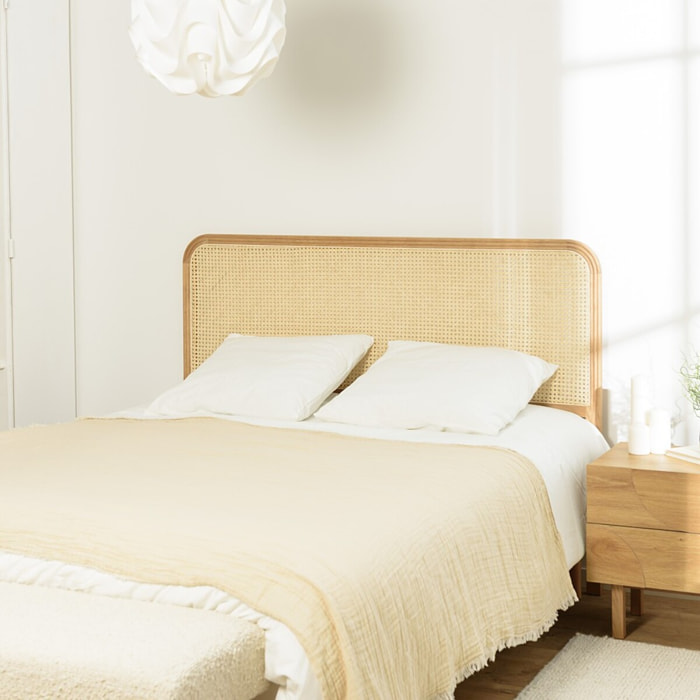 SYA - Tête de lit bords arrondis rotin naturel chêne massif 140/160cm