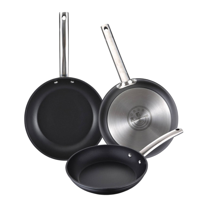 Juego de 3 Sartenes Ø24Ø28Ø30cm en Aluminio forjado aptas para inducción color Negro FOODIES MasterPRO