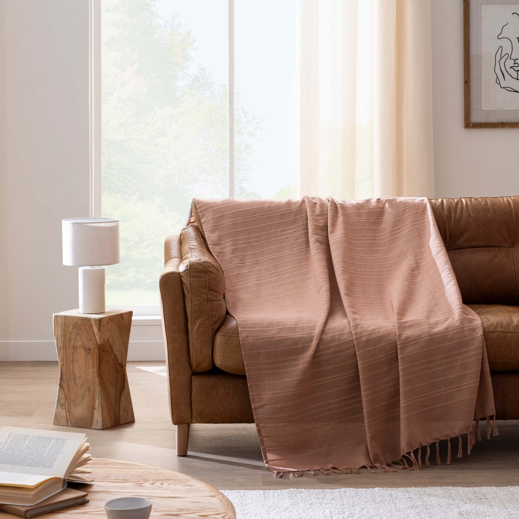 Plaid coton à franges grand format - Rose