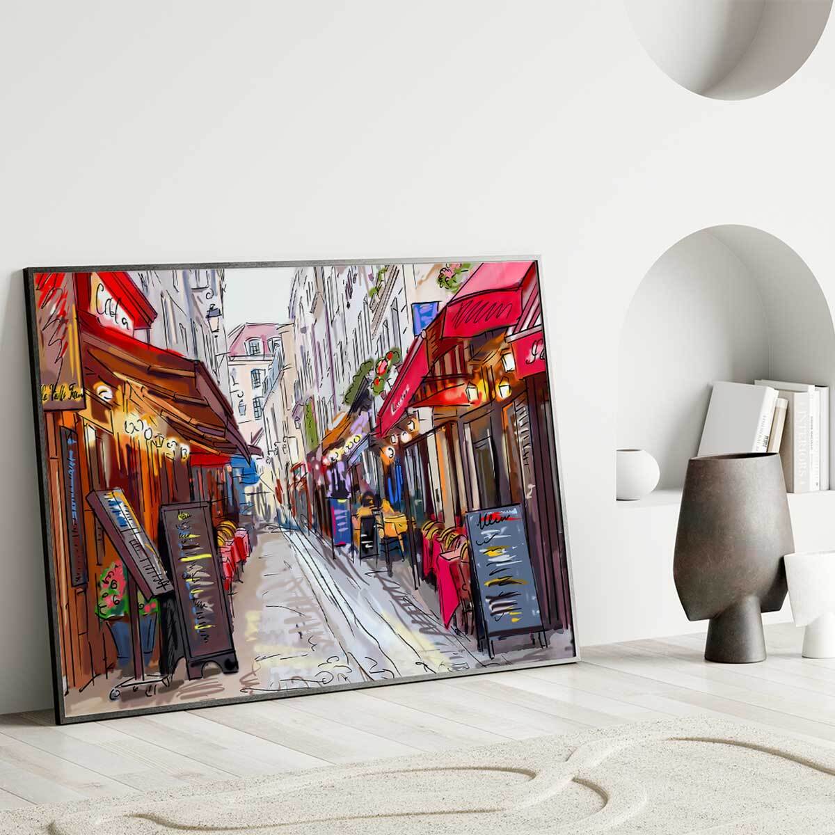 Affiche encadrée rue parisienne illustrée Affiche + cadre en métal - Noir