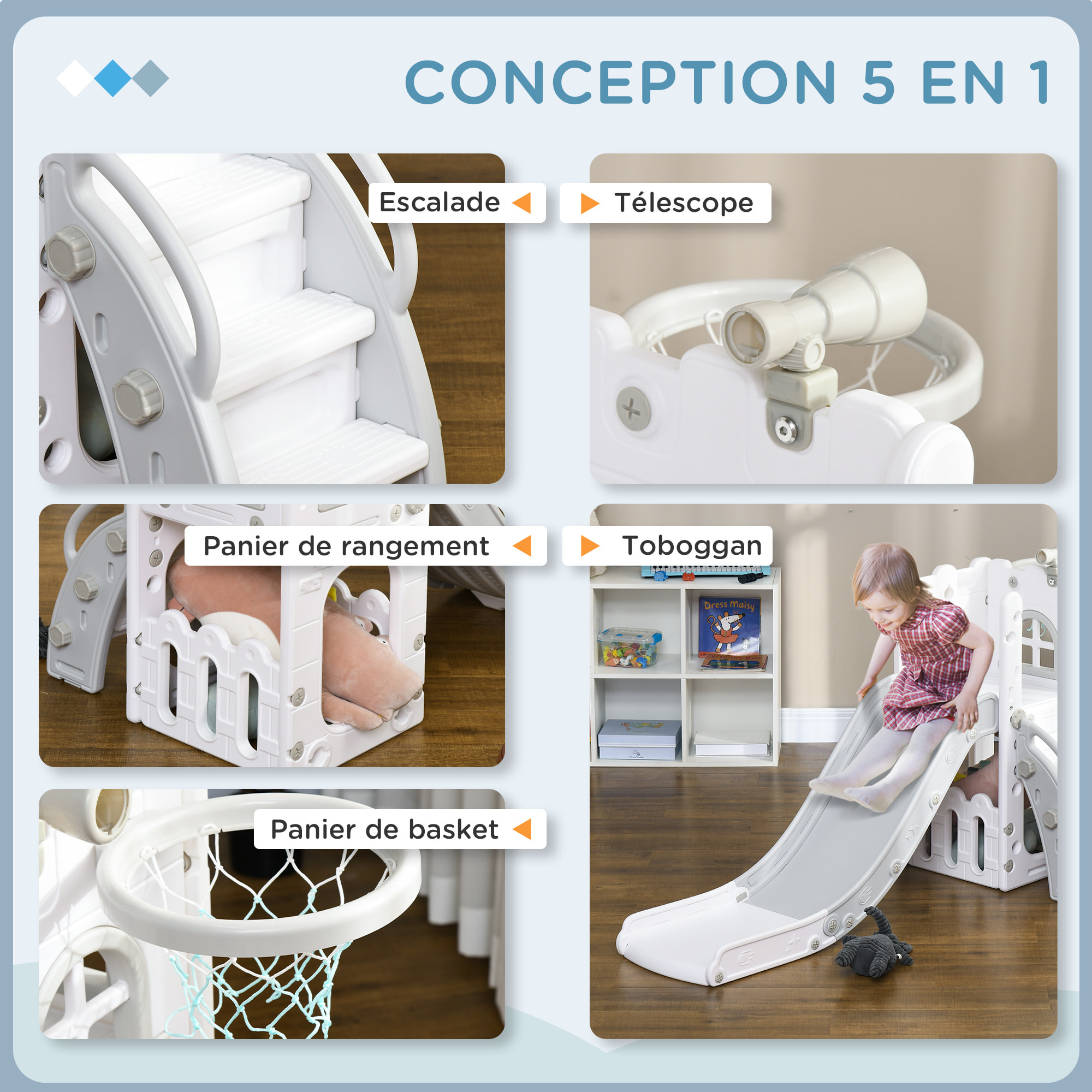 Toboggan pour enfant multifonction - télescope, panier basketball, espace rangement - HDPE blanc gris