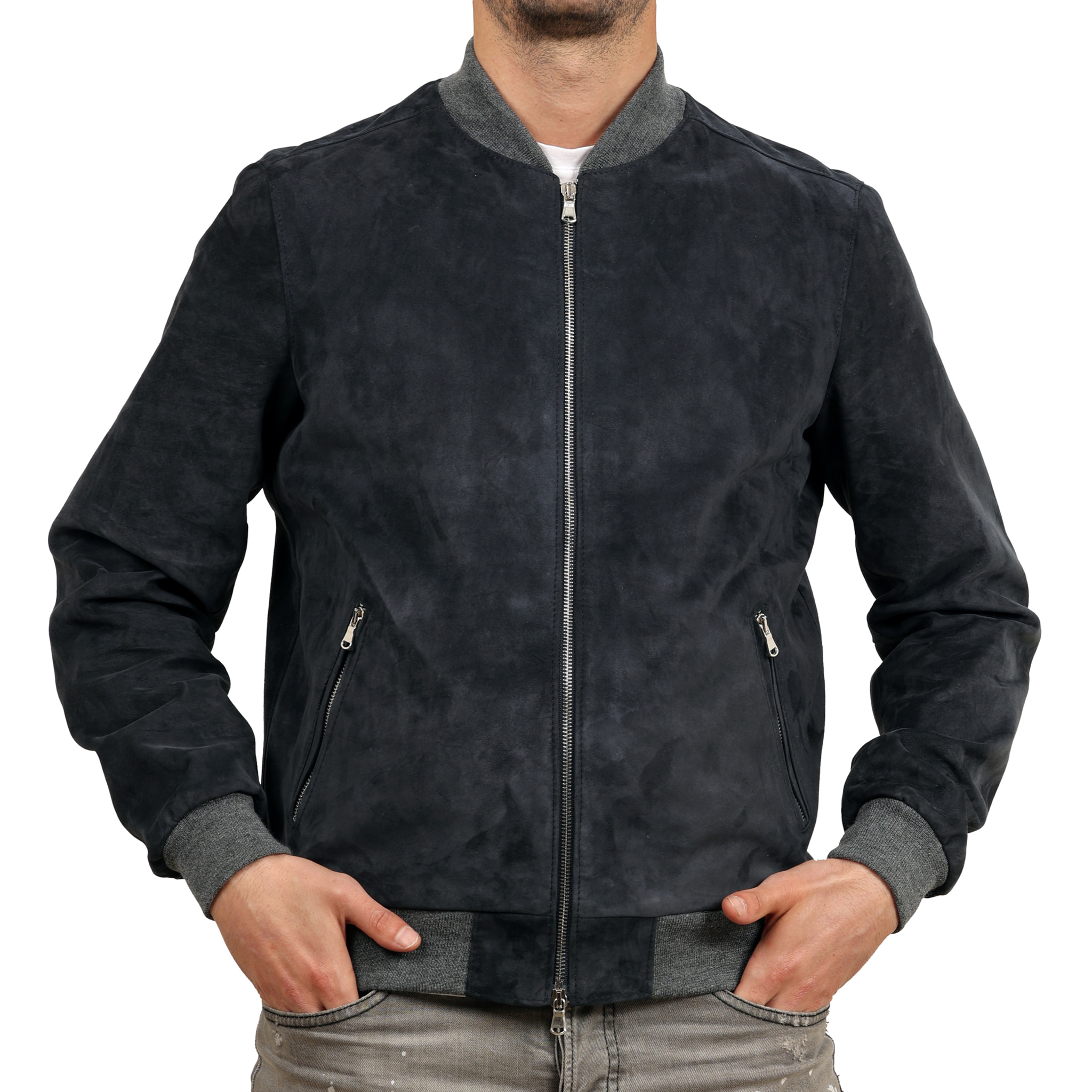 Bomber in camoscio Blu-Slim Fit