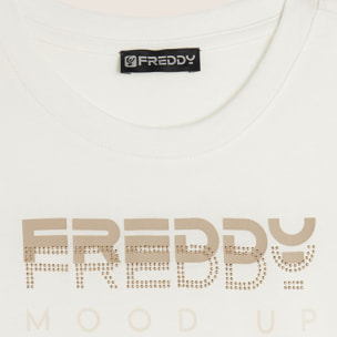 T-shirt girocollo con grafica dorata e perline