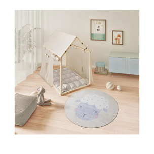 CANDY Alfombra redonda infantil lavable con oveja crema, 120Ø cm