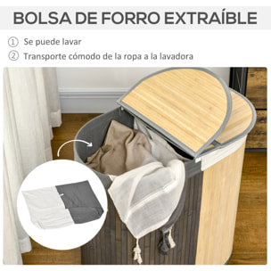 HOMCOM Cesto para Ropa Sucia de Bambú Capacidad de 100L Cesta para la Colada con Tapa Abatible y Bolsa de 2 Compartimentos Extraíble 62,5x37x60,5 cm Gris y Natural