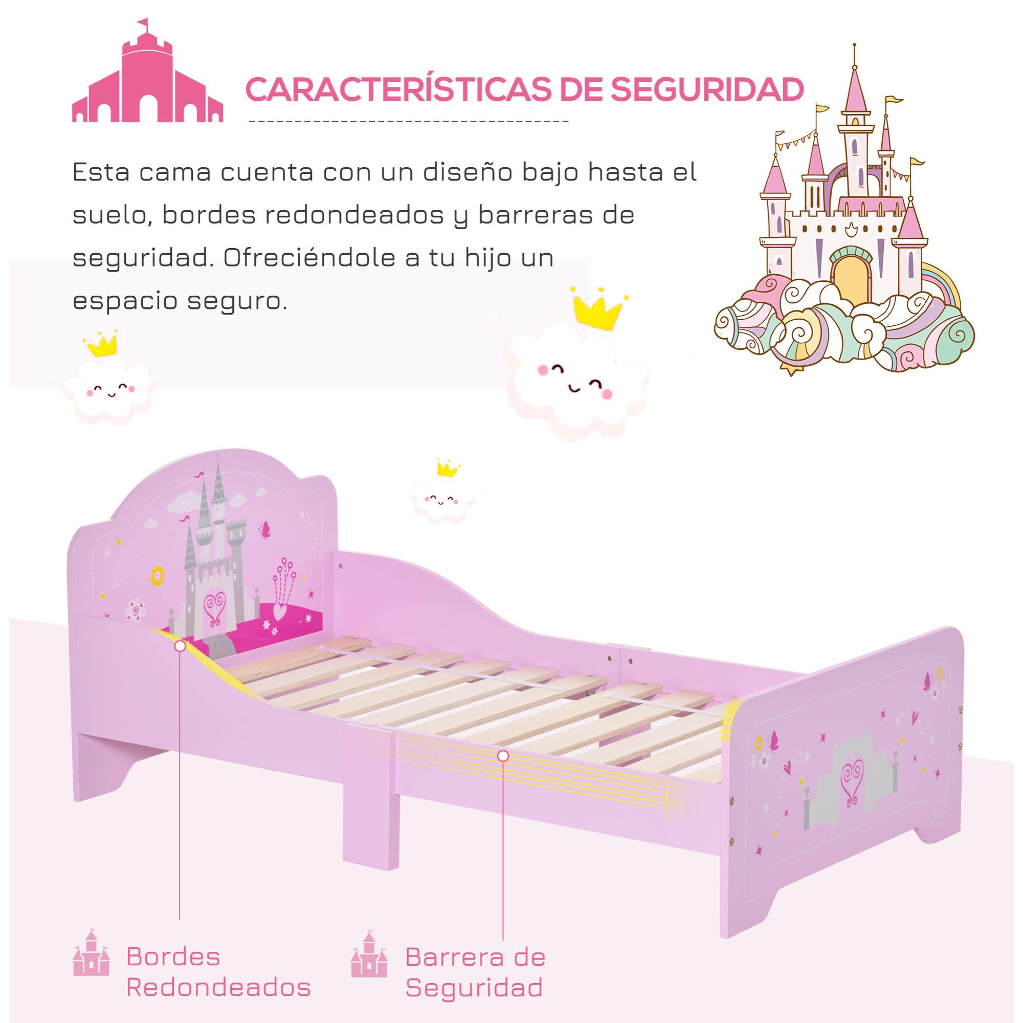 Cama Infantil de Madera para +3 Años con Lateral de Protección 143x73x60cm Rosa