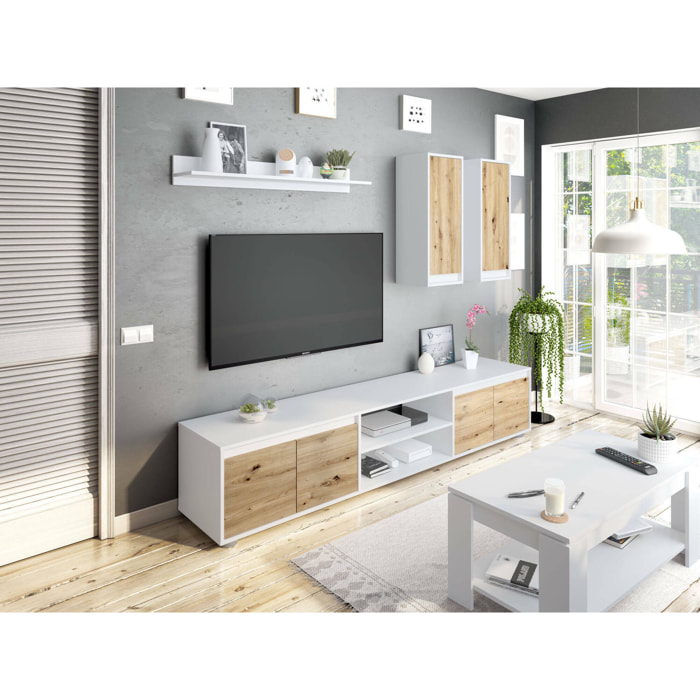 Parete attrezzata Astulo, Set da soggiorno, Mobile salotto multiuso, Composizione per salotto moderno, 200x40h114 cm, Bianco e Rovere