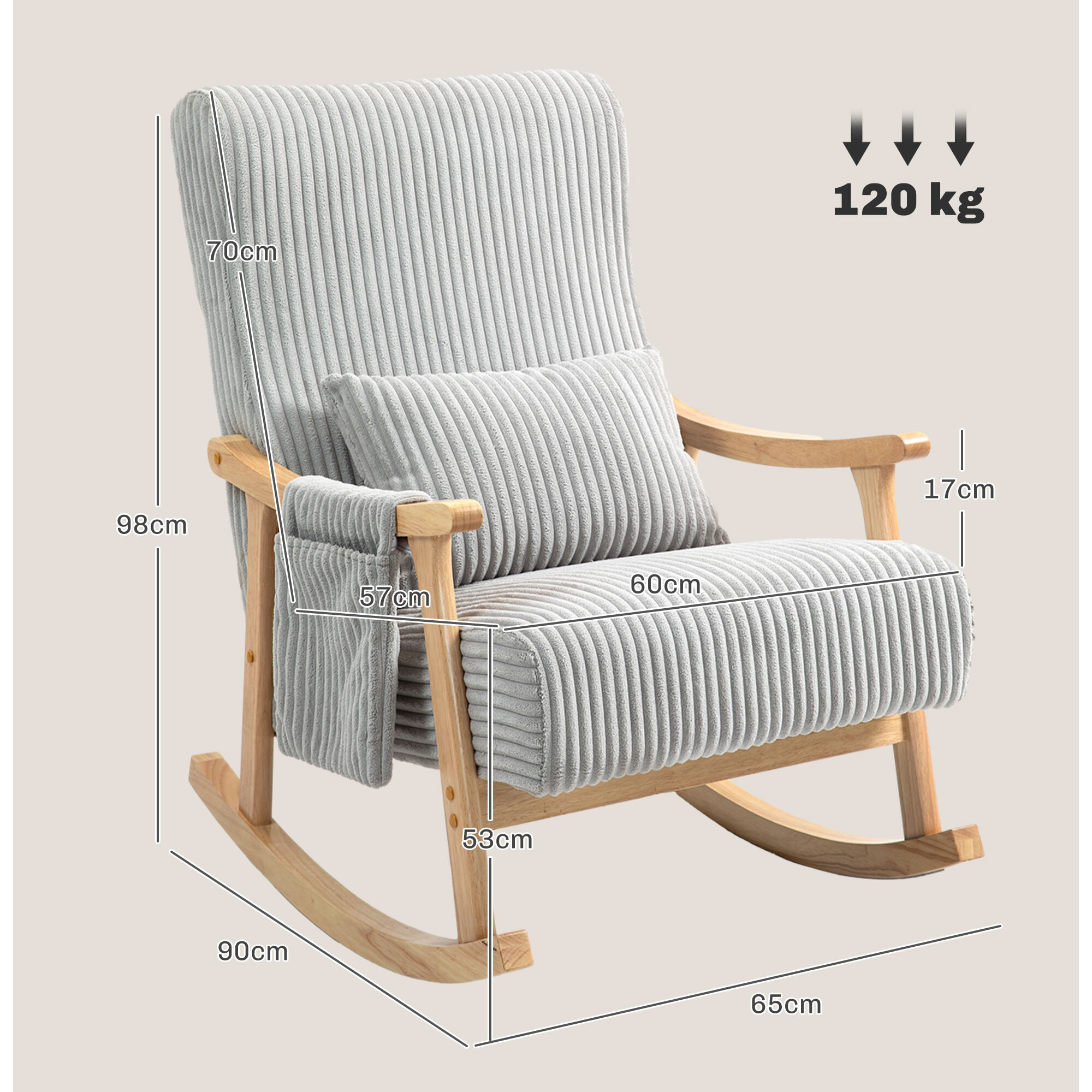 Mecedora Moderna Silla Mecedora de Pana con Patas y Reposabrazos de Madera de Haya Cojín Lumbar y Bolsillo Mecedora para Lactancia Carga 120 kg para Dormitorio Salón Gris