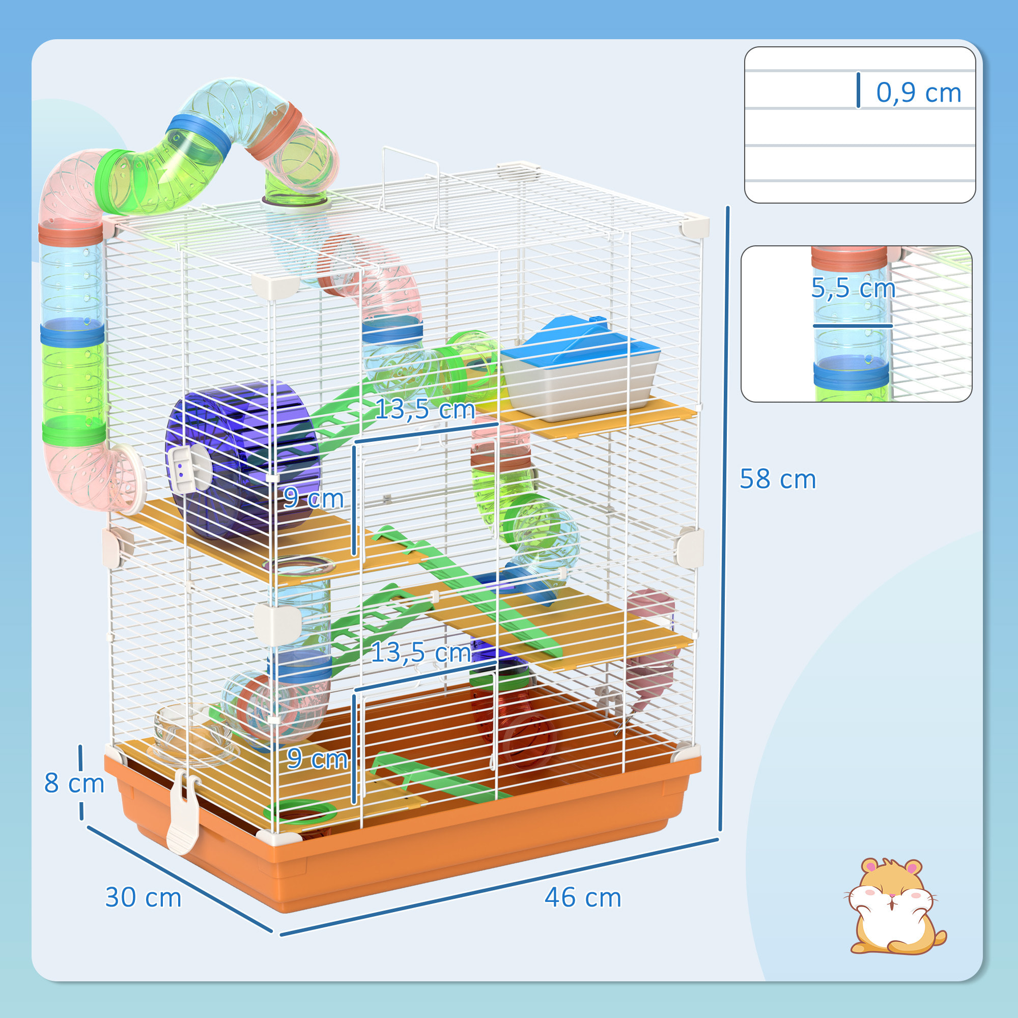 Cage pour hamster souris rongeur 4 étages avec tunnels mangeoire roue maison échelles dim. 46L x 30l x 58H cm orange