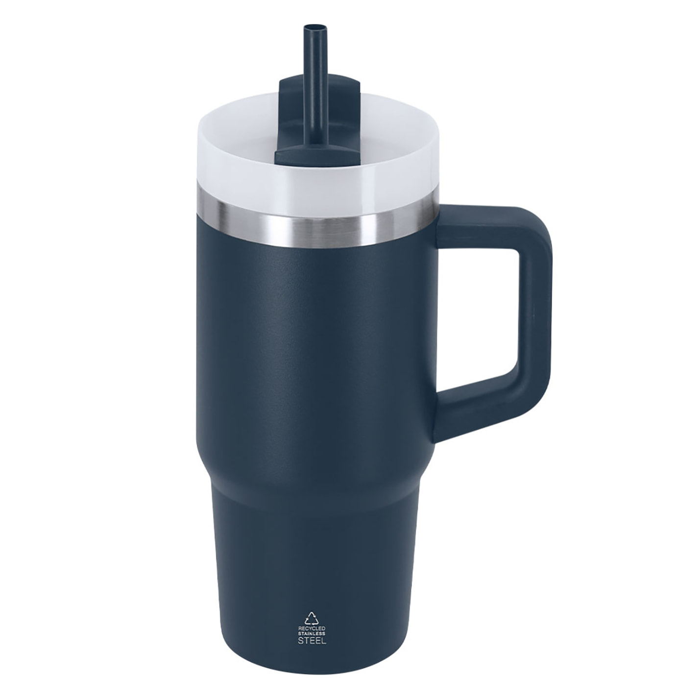 Taza térmica en Acero Inox Reciclado de doble pared y 450 ml de capacidad. Con tapadera de cierre a presión con orificio para beber y tapa deslizante para pajita.