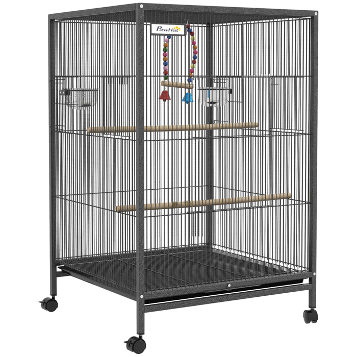 Cage à oiseaux sur roulettes - volière mobile - nombreux accessoires - dim. 48x46x74cm - acier époxy gris noir