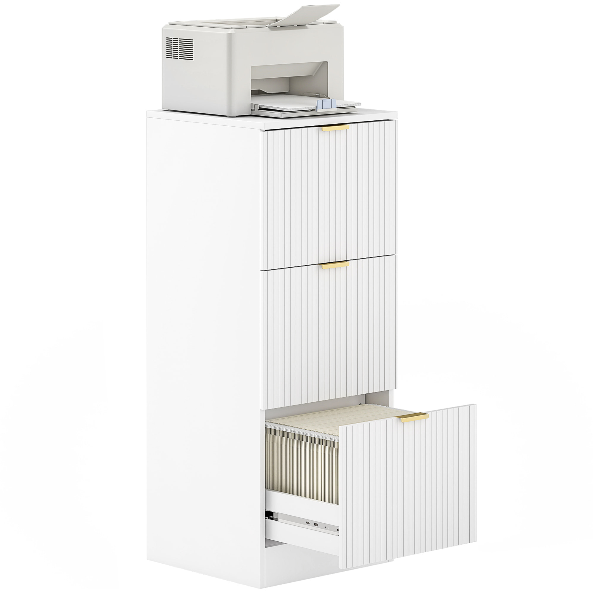 Cajonera de Oficina con 3 Cajones Cajonera de Escritorio con Frentes Acanalados Mueble Archivador para Tamaño A4 o Carta para Estudio 40x40x101 cm Blanco