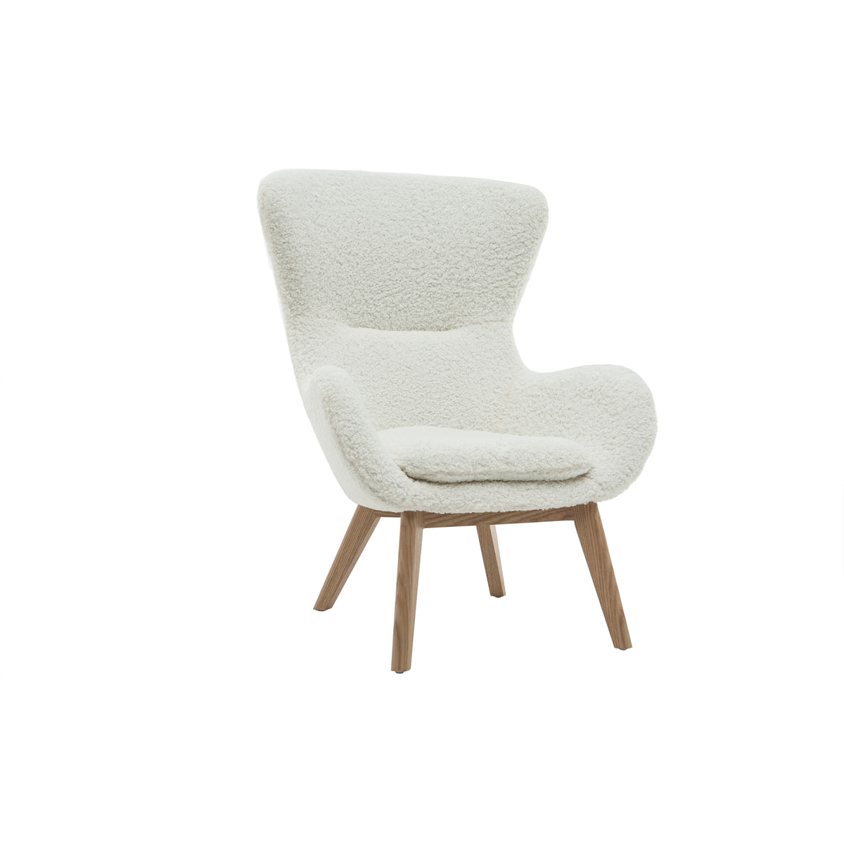 Fauteuil scandinave en tissu effet peau de mouton blanc et bois clair ESKUA