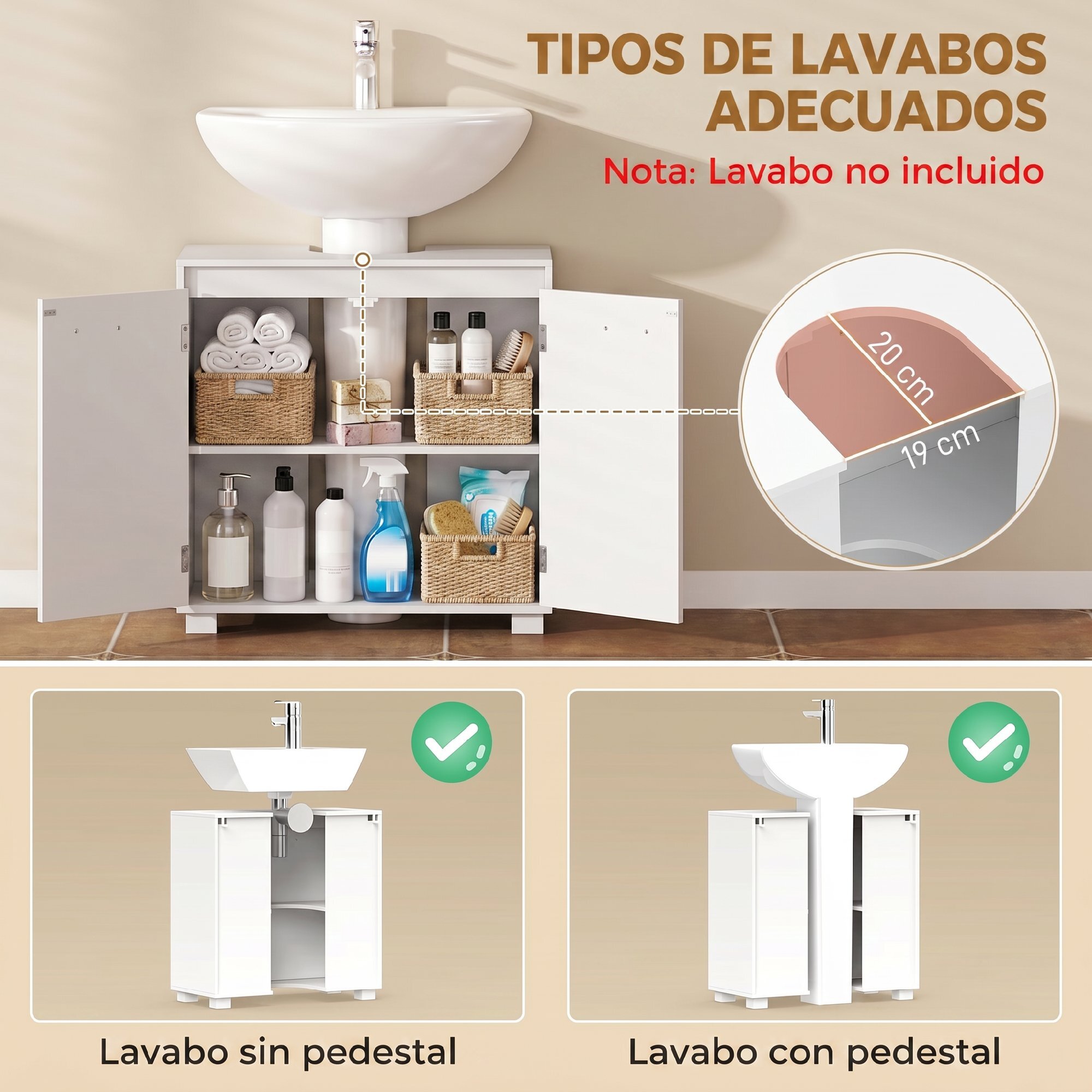 HOMCOM Mueble Bajo Lavabo, Mueble de Baño con Estante Ajustable, 2 Puertas y Recorte en U, Estilo Moderno, para Lavabo con o sin Pedestal, 60x30x60 cm, Blanco