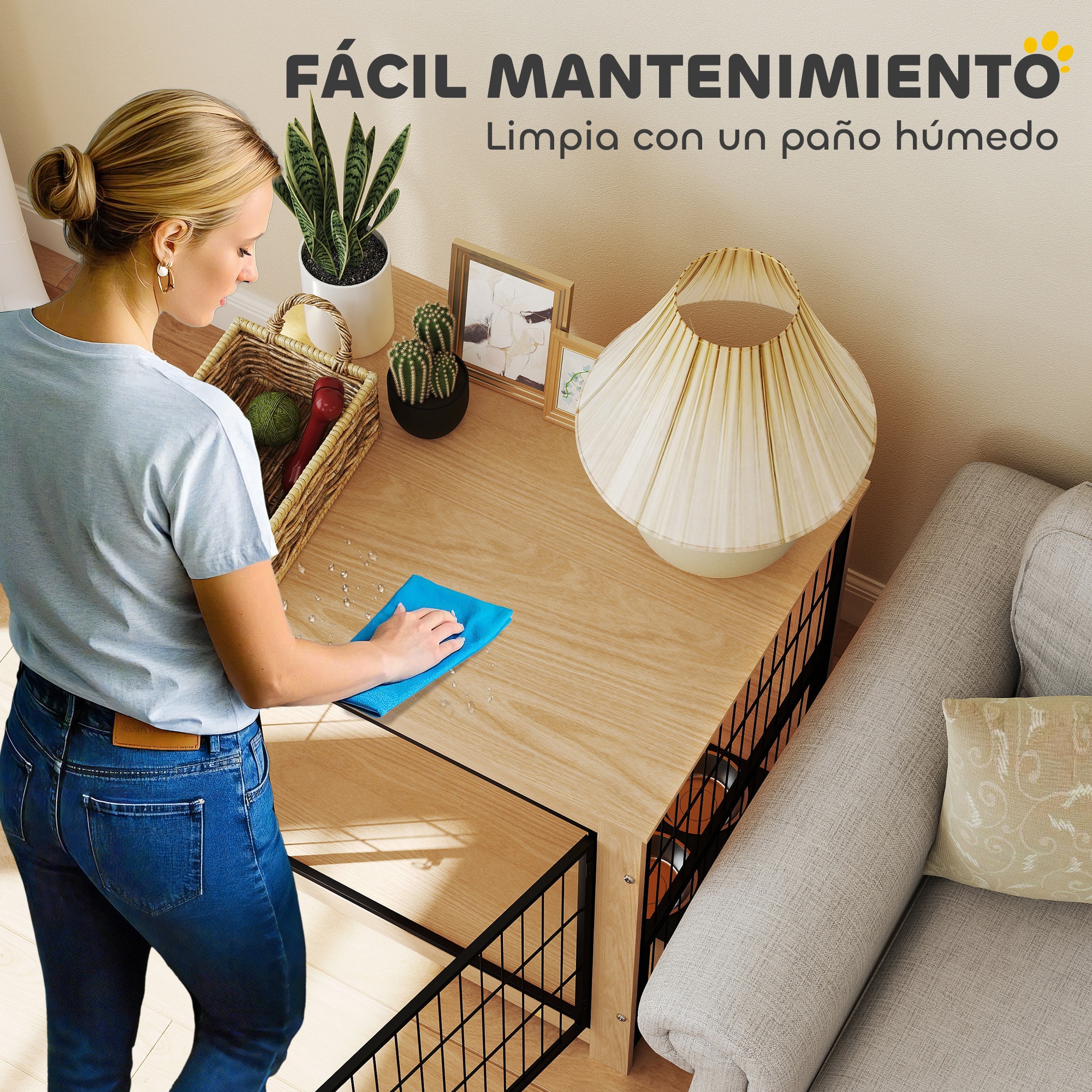 Jaula para Perros Mesa Auxiliar Moderna Casa para Mascotas con 2 Puertas Soporte Giratorio con 2 Tazones y Estructura de Acero para Perros Medianos 80x60x68 cm Roble