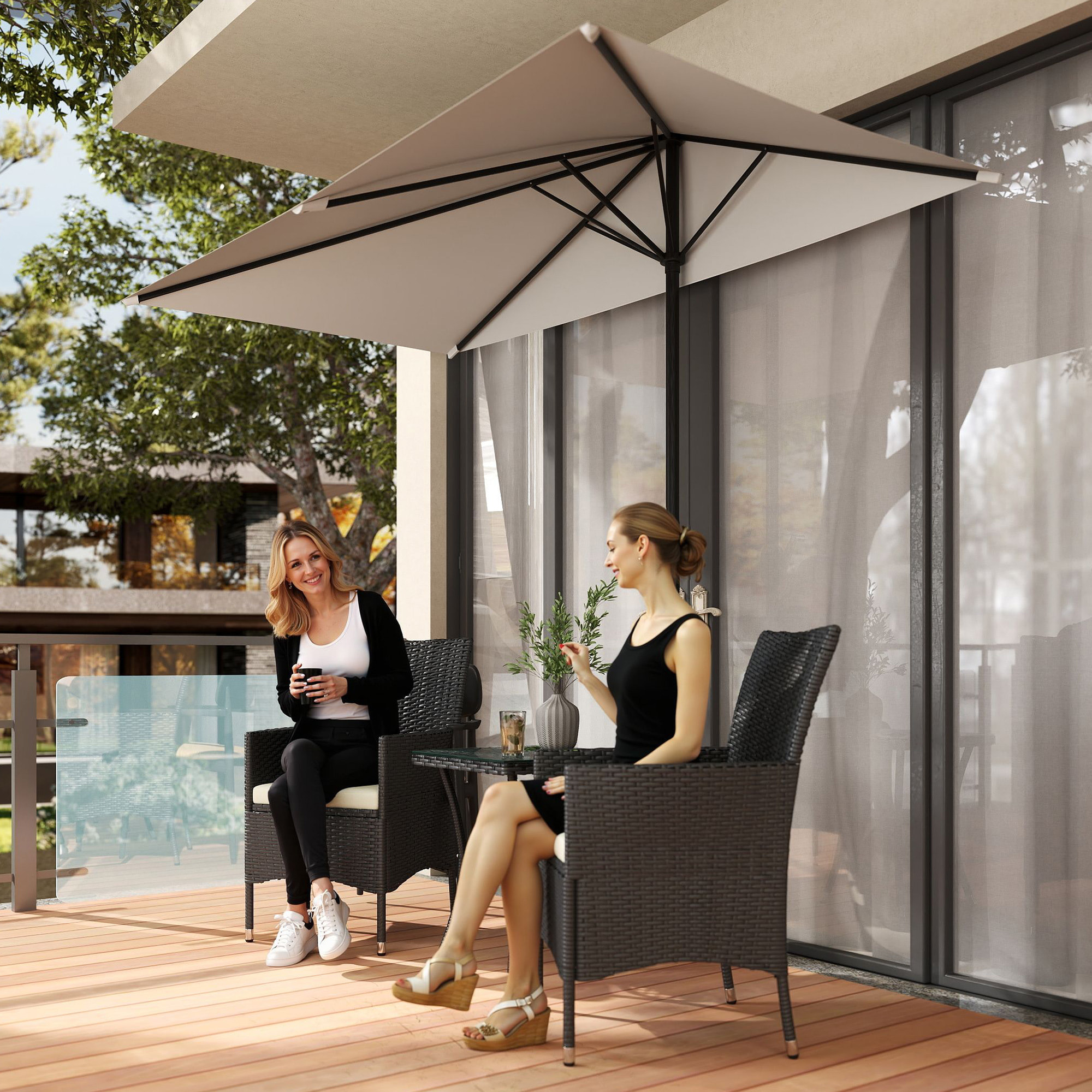 Demi-parasol Ø 230 cm Parasol de balcon terrasse avec manivelle Protection solaire UV Polyester pour contre au mur, porche, balcon crème