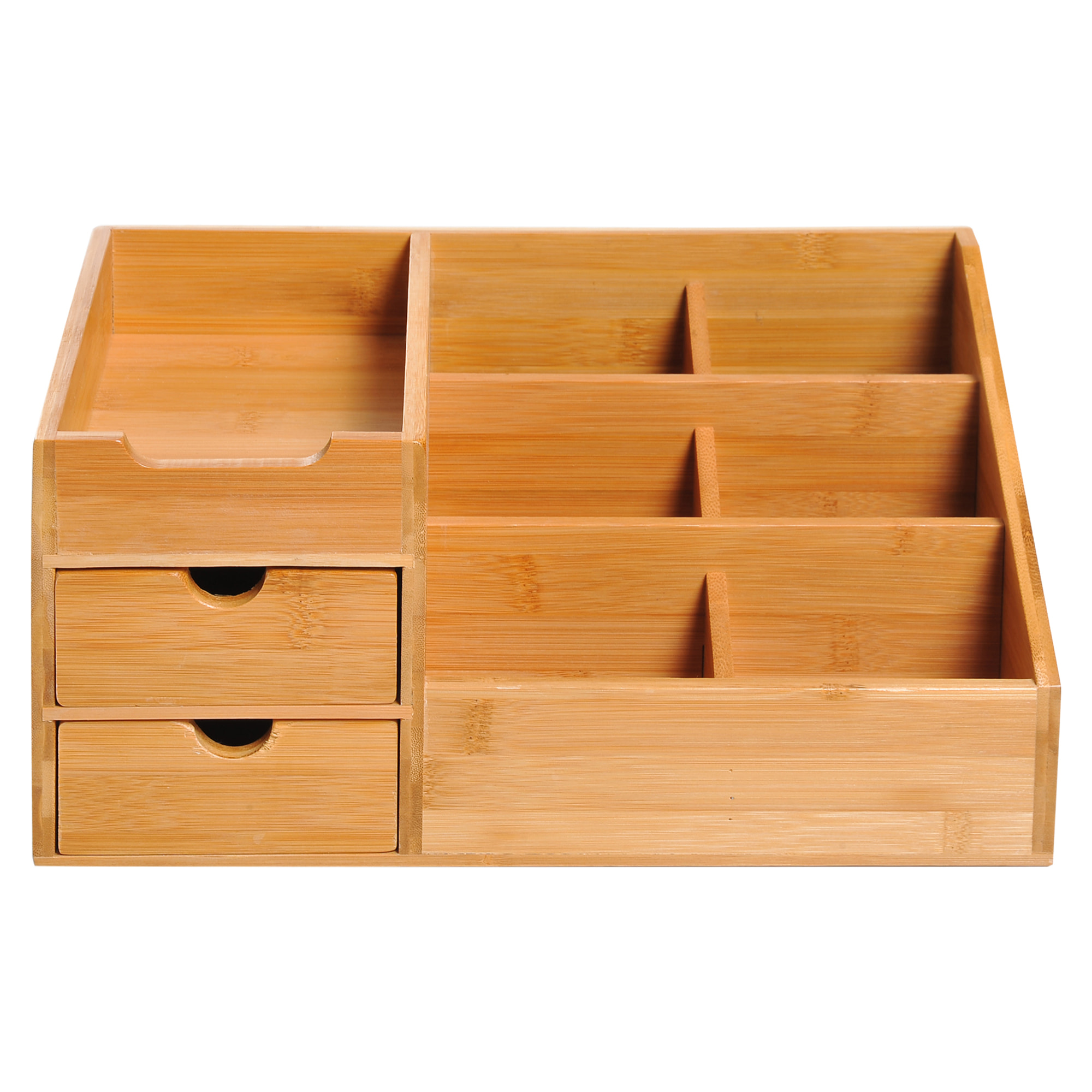 Boite de rangement de bureau - organiseur de bureau - 7 compartiments, 2 tiroirs - bambou verni